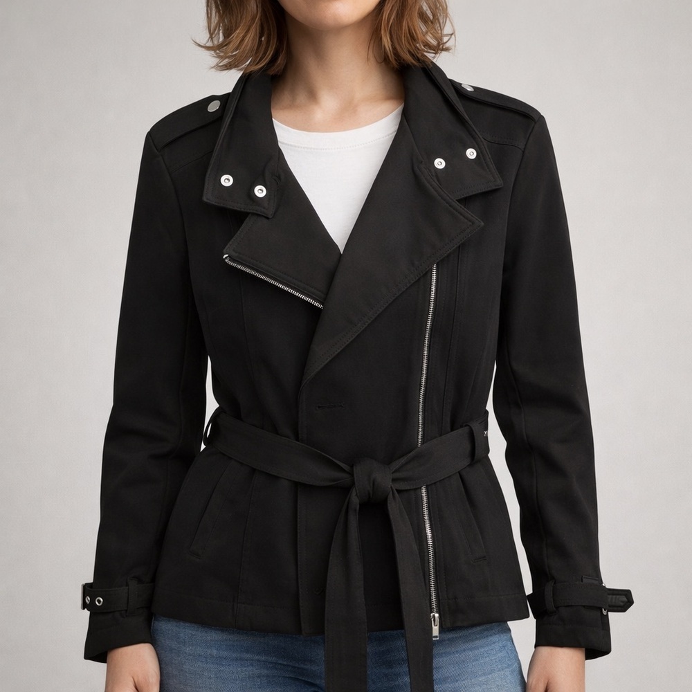 Kenneth Cole Reaction Black Belted Moto Trench Jacket Women’s Large